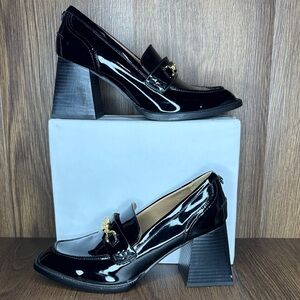 Sam Edelman Patent Leather Chunky Heel Loafers Gold Chain Size 8